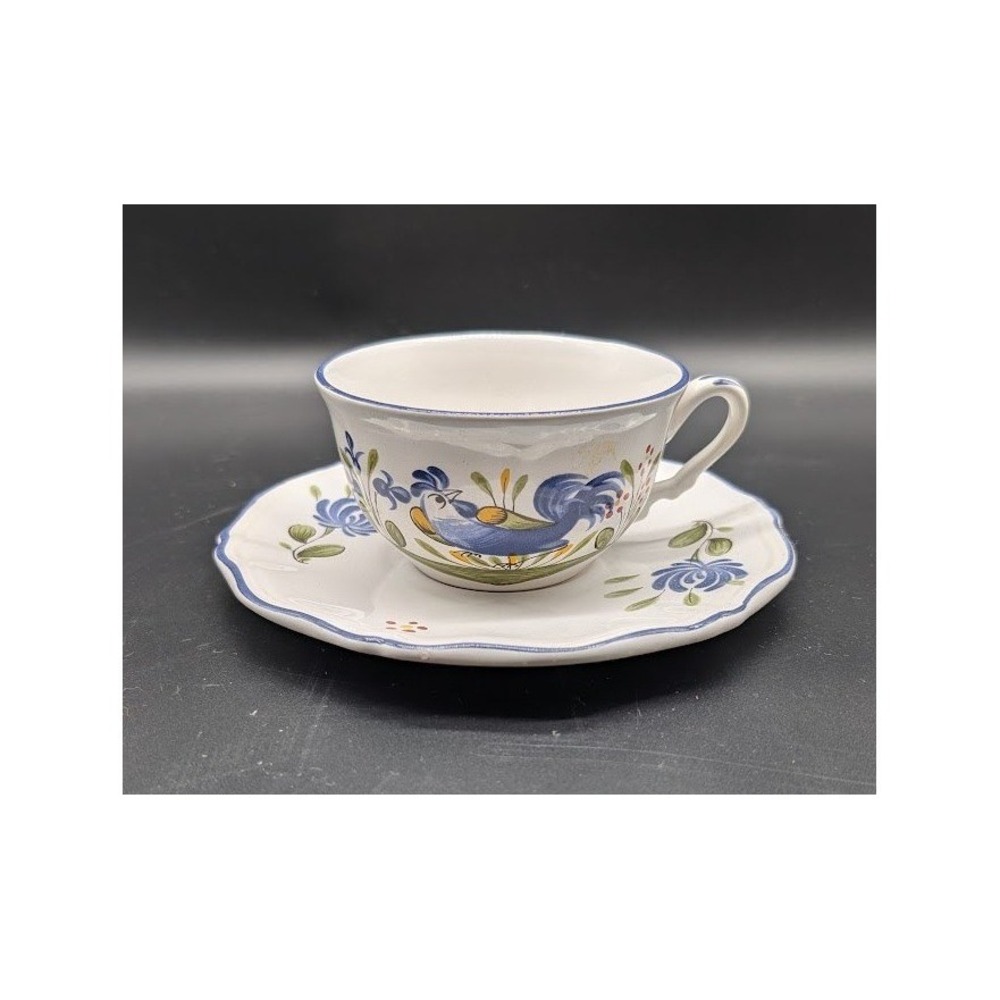 Vintage Luneville France Chanteclerc Teacup Saucer Set scallop Rooster Blue Rare